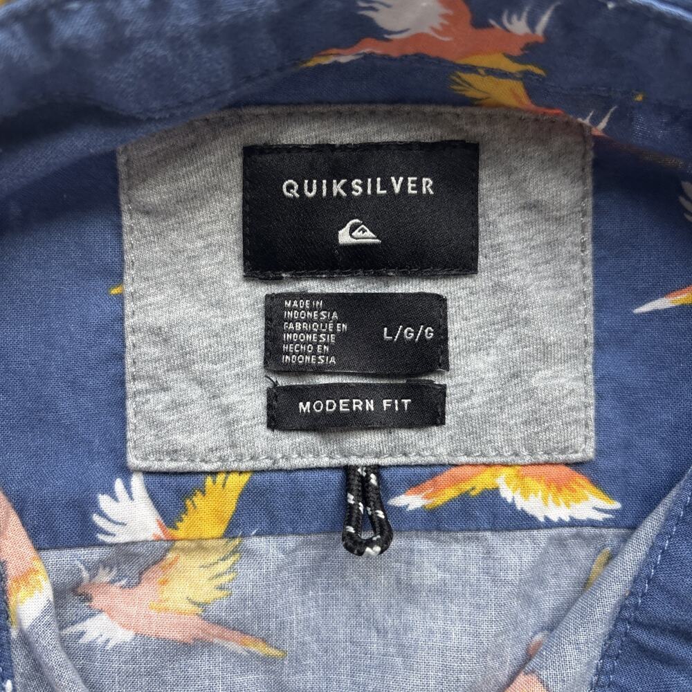 Quiksilver Button Down Shirt Mens Large Blue Tropical Bird Print Modern Fit S/S - Picture 2 of 16